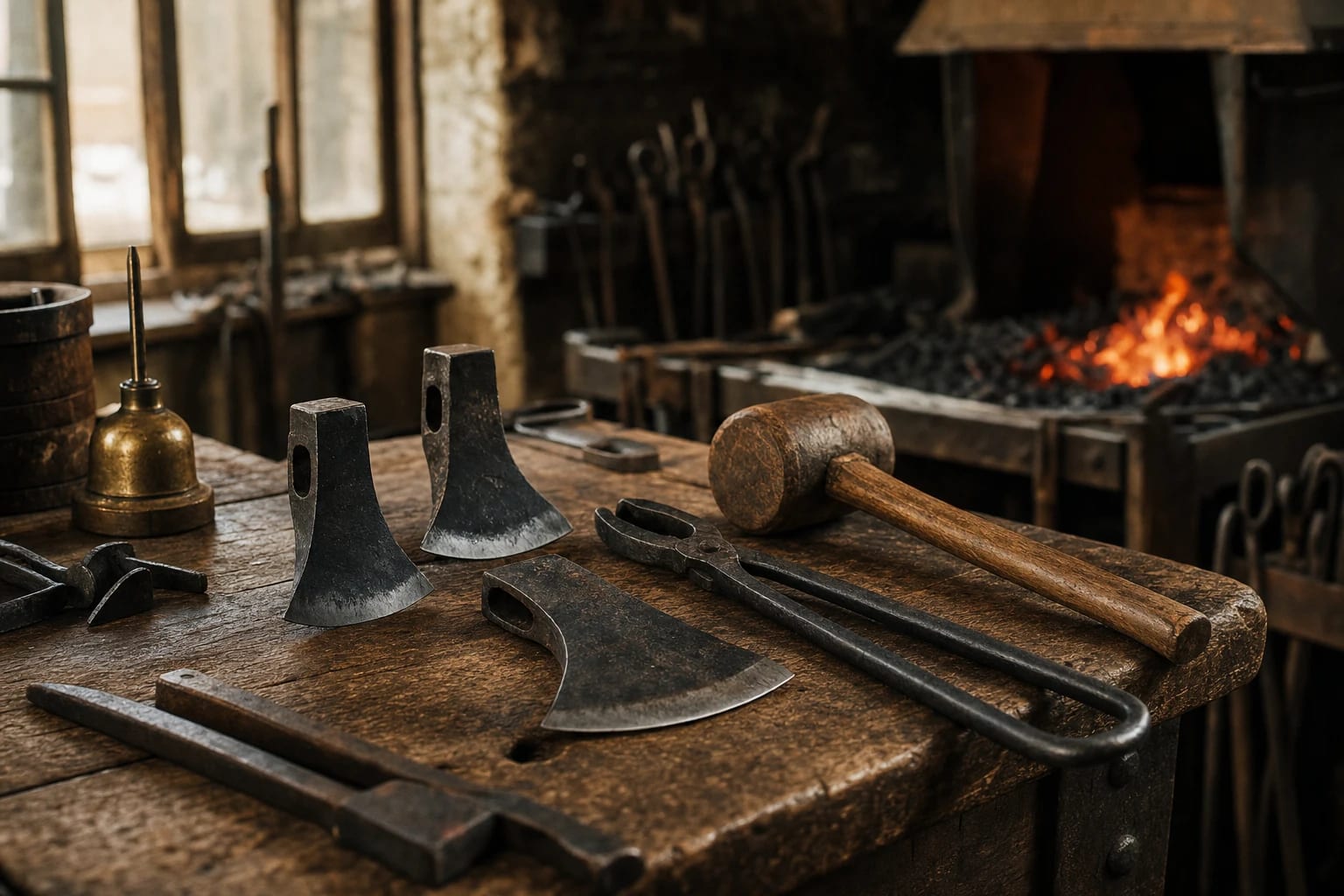 A blacksmith's workbench with forged axe heads and tongs in warm light