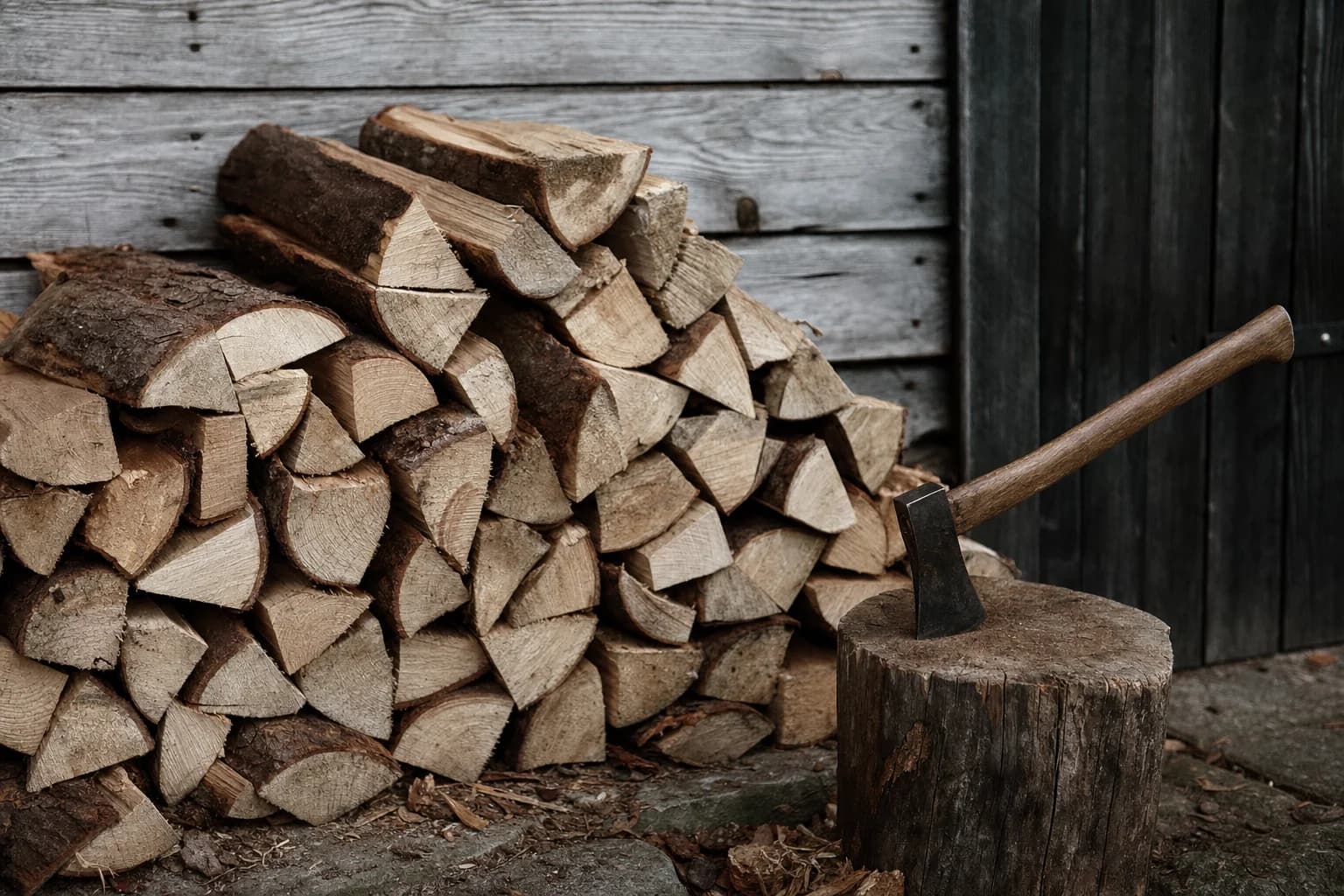 Split firewood stacked against a weathered barn wall, an axe sunk into the chopping block
